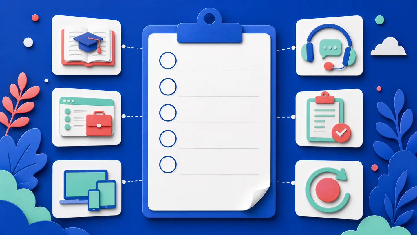 Blue dimensional buyer checklist with symbols for lessons, access, support, billing and refunds