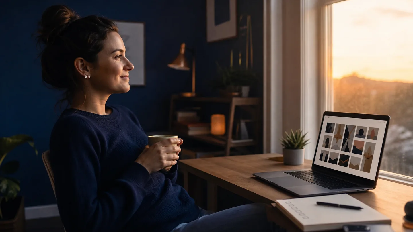 Remote creator finishing a focused planning session at a tidy home desk
