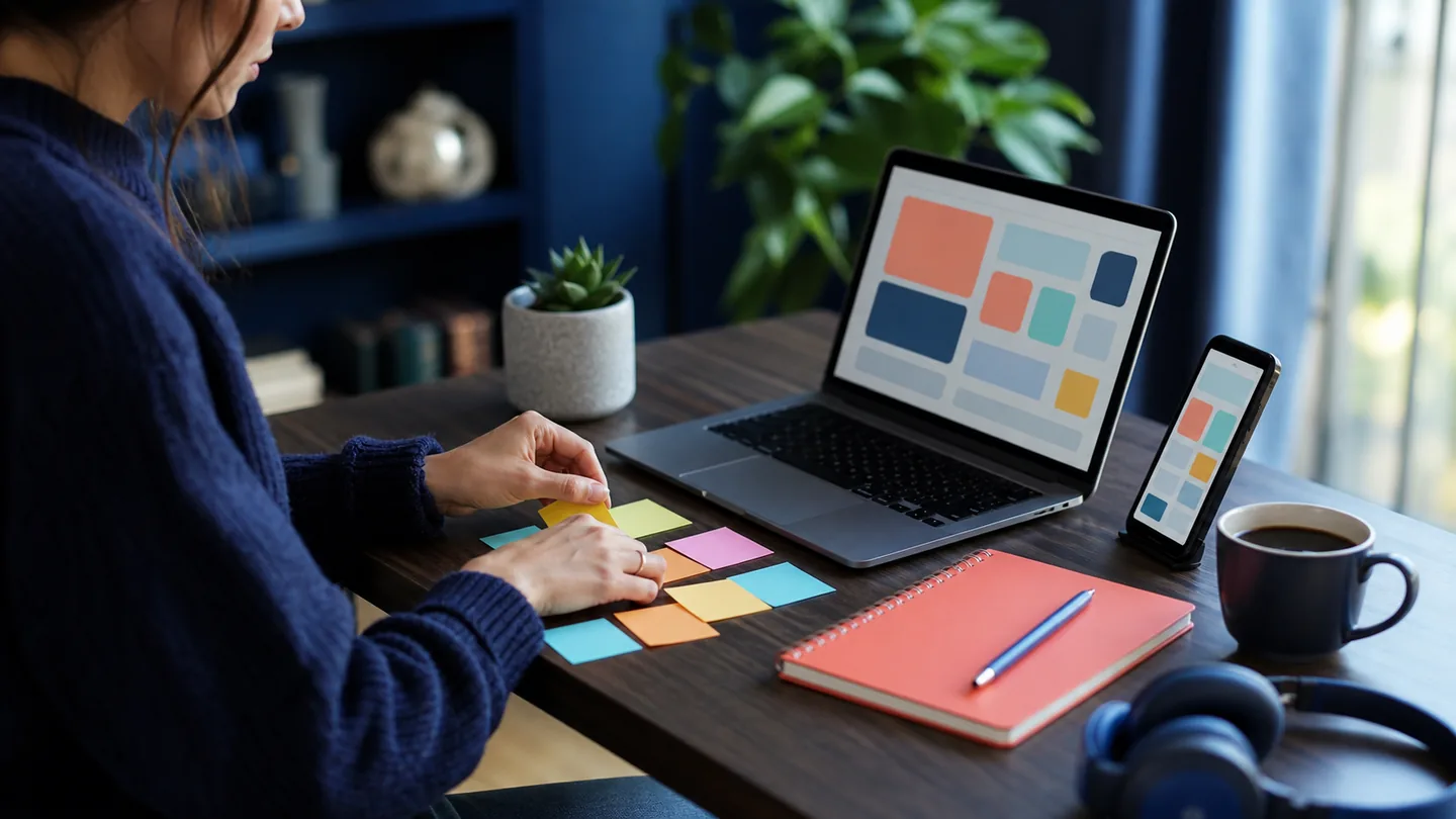 Remote worker arranging content themes and practice tasks beside a laptop