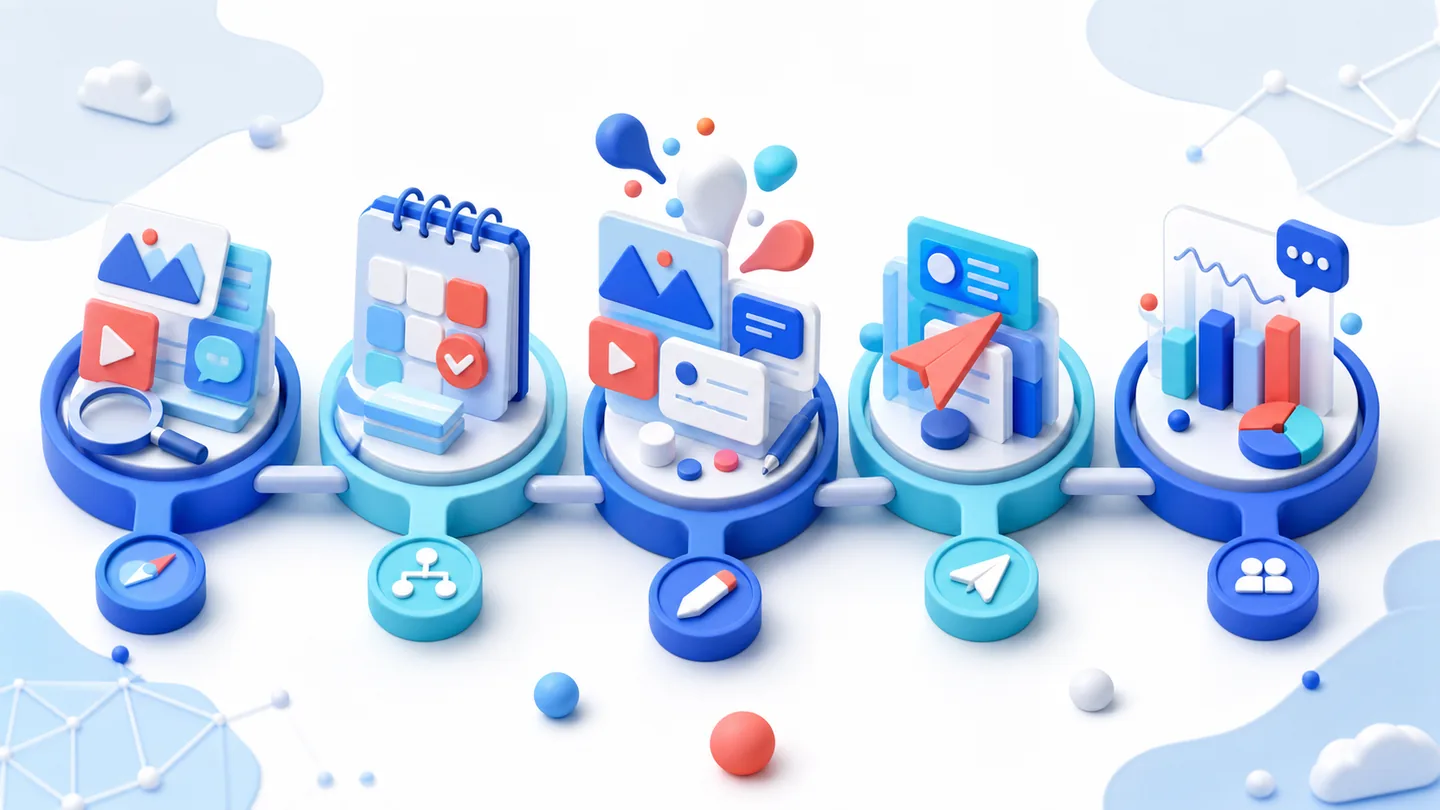 Dimensional illustration of connected planning, creation, publishing and review stages